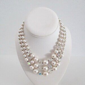 Glass Pearl Bead Necklace Triple Strand Crystals